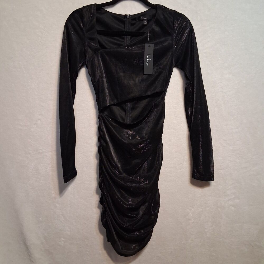 Lulus XS Dress Mini Mesh Sparkle Cut Out Midriff Ruched Rave Clubbing Going Out